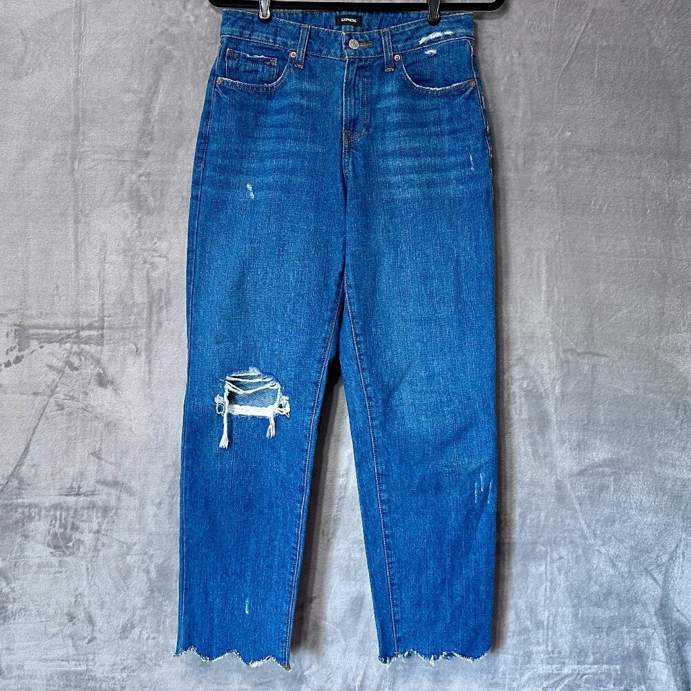 Express Boyfriend Mid Rise Jeans Size 4R Raw Hem Medium Wash